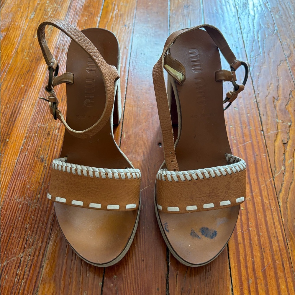 Miu Miu Tan Brown Leather Open-Toe Slingback Heels